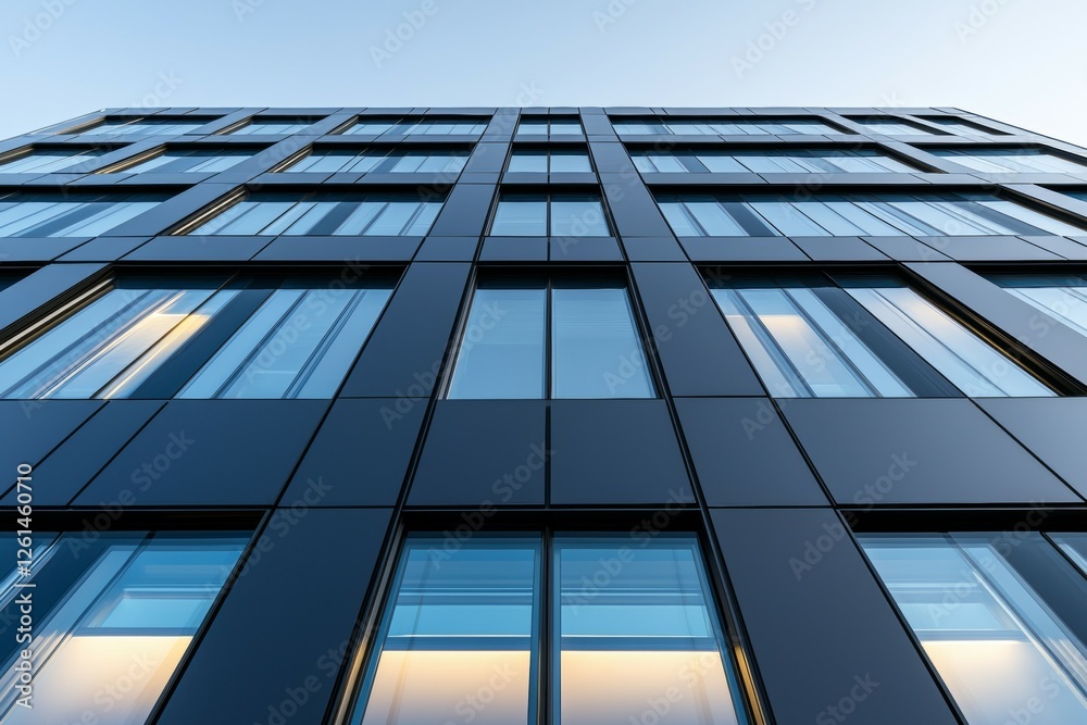 Modern glass office building facade with reflective windows at dusk Modern glass office building facade with reflective windows at dusk