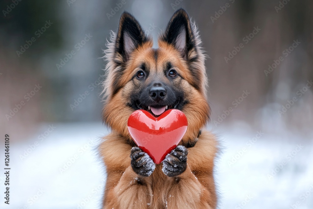 Belgian tervuren - my beloved dog, symbol of friendship. Cute belgian tervuren canine with diamond red heart on a walk in a winter garden. Ad companion pattern. Cute winter dog with heart toy. Belgian tervuren - my beloved dog, symbol of friendship. Cute belgian tervuren canine with diamond red heart on a walk in a winter garden. Ad companion pattern. Cute winter dog with heart toy.