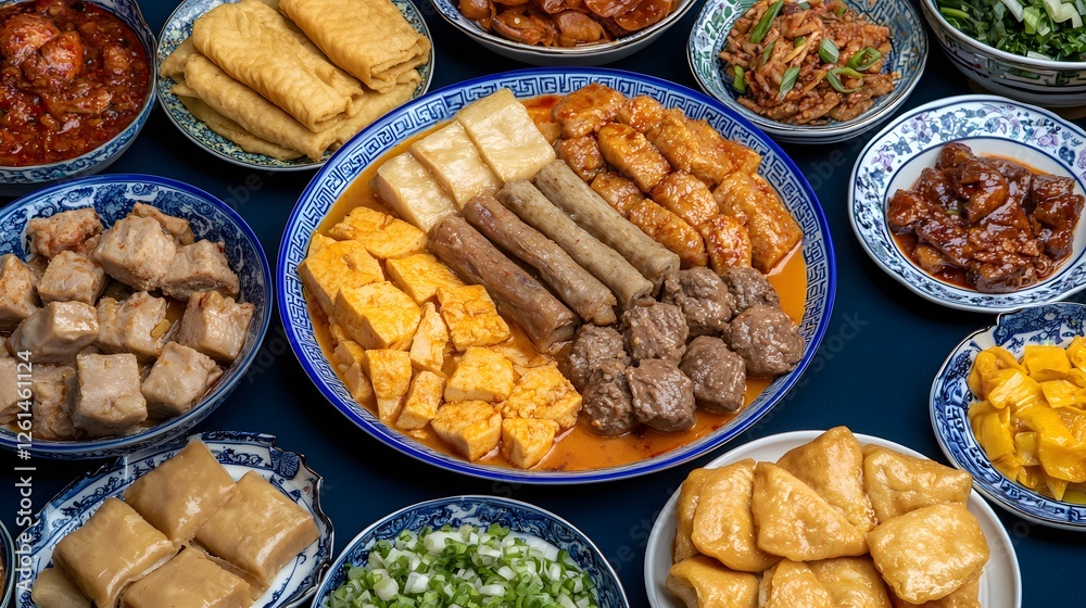 Colorful Display of Diverse Asian Dishes and Delicacies on Table Colorful Display of Diverse Asian Dishes and Delicacies on Table