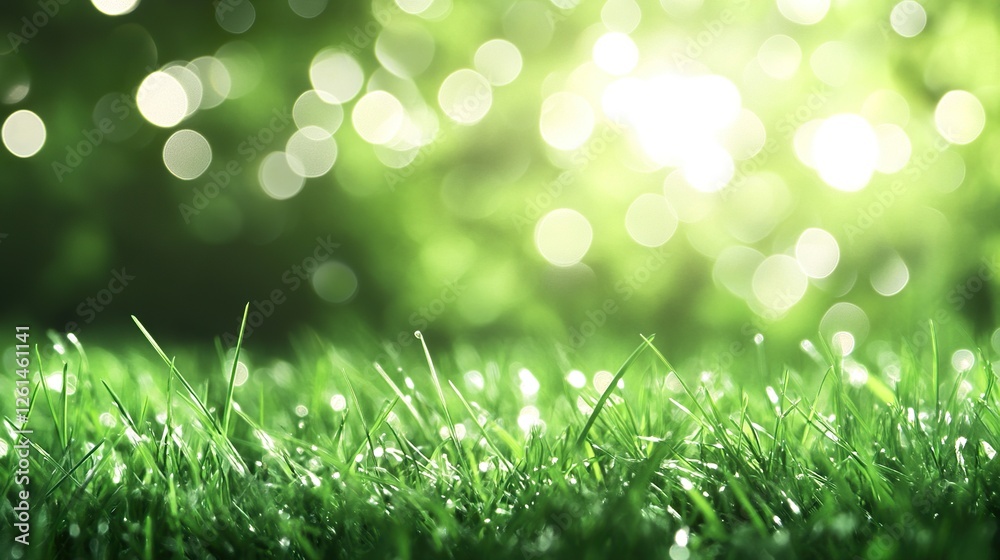 Obraz premium Fresh green grass, morning sunlight, blurred forest background. Nature website banner