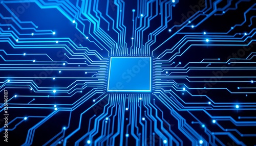 High-Tech Microchip with Circuitry, Digital Network Connections in Blue Futuristic Technology Illustrations, background