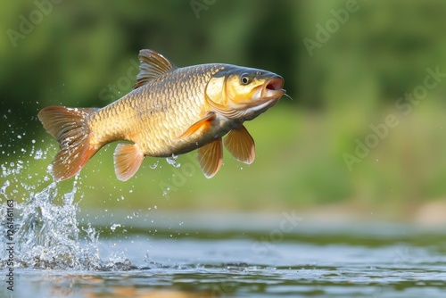 Lively carp jumping above water with splashing in natural habitat