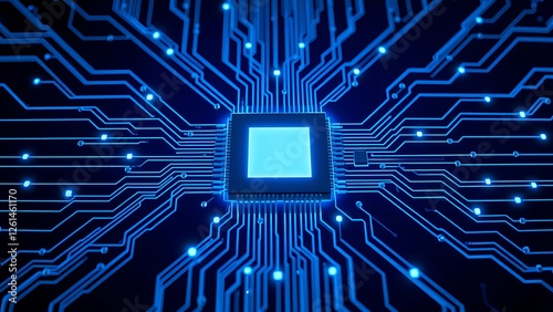 High-Tech Microchip with Circuitry, Digital Network Connections in Blue Futuristic Technology Illustrations, background