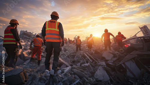 Wallpaper Mural Disaster relief workers traverse rubble at sunset Torontodigital.ca