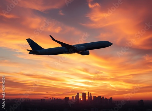 an image of a large jetliner flying over a city at sunset, there is a large airplane flying over a city at sunset photo