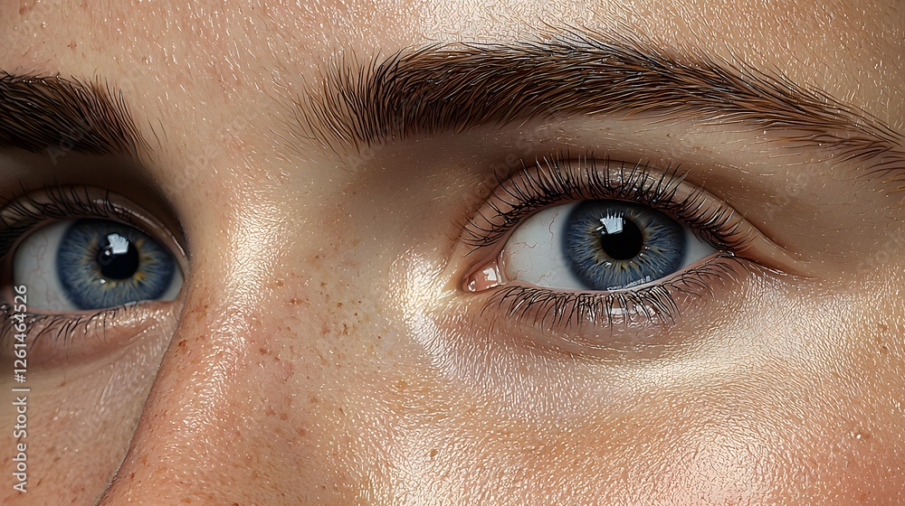Fototapeta premium Close-up of Human Eye with Striking Blue Iris and Freckles on Skin