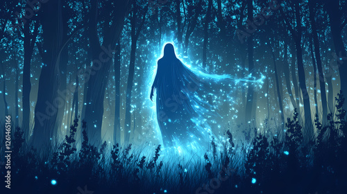 Mysterious ghostly figure in enchanted forest at dusk with glowing aura. Phantom Monarchs. Illustration photo