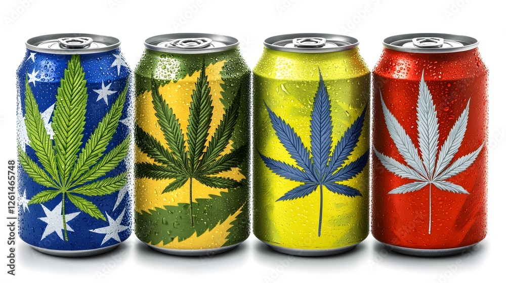 Fototapeta premium Colorful Cans with Cannabis Leaf Designs and Dew Drops on Surface