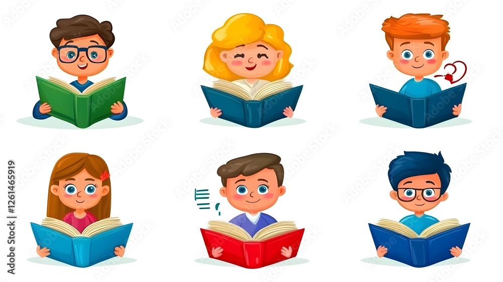 Cartoon Children Reading Books in Colorful Illustrations Cartoon Children Reading Books in Colorful Illustrations