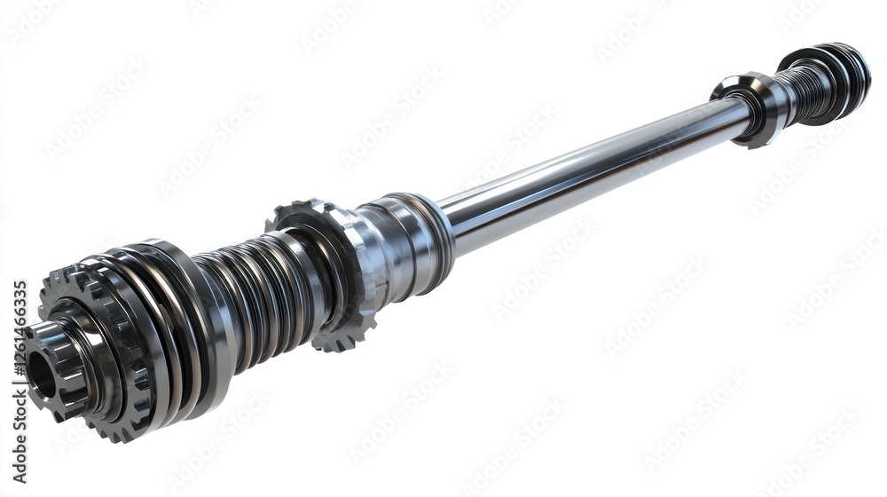 A metallic component resembling a driveshaft used in machinery or vehicles.