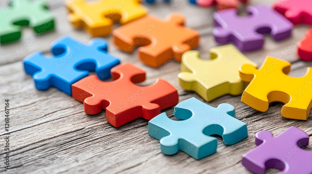 Fototapeta premium Colorful Puzzle Pieces Stacked on Wooden Background for Playtime Fun