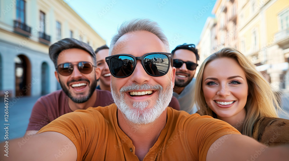 Happy tourists taking selfie in city center Happy tourists taking selfie in city center