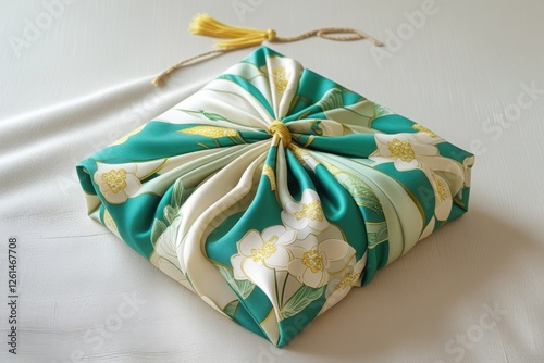 A zero-waste gift wrapped in a floral Furoshiki scarf.