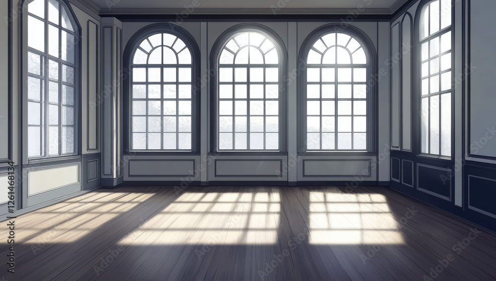 Elegant room with arched windows, sunlight, and shadows Elegant room with arched windows, sunlight, and shadows