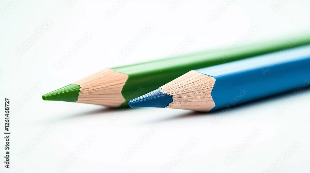 Two sharpened colored pencils lying on white background Two sharpened colored pencils lying on white background