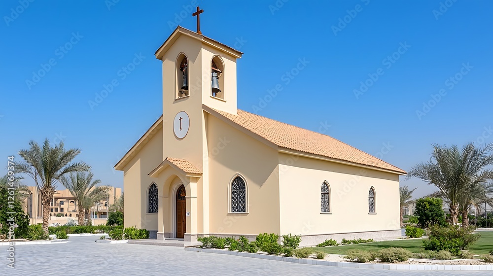 Fototapeta premium Charming Small Church Surrounded by Lush Greenery and Palm Trees