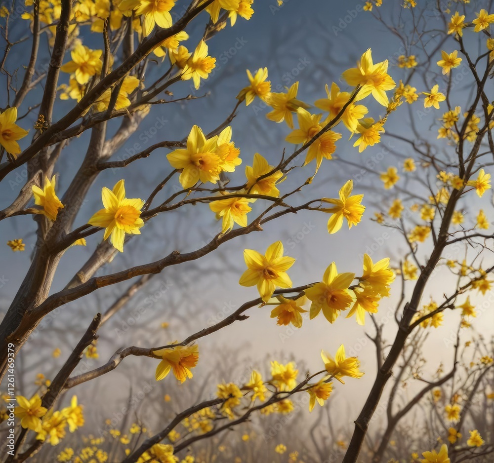 Daffodil tree branches with golden yellow flowers, daffodil, yellow blossoms, autumn flowers Daffodil tree branches with golden yellow flowers, daffodil, yellow blossoms, autumn flowers