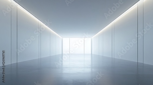 A minimalist, well-lit corridor leading to a bright, undefined space.