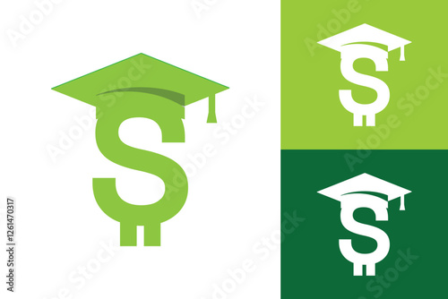 The image shows an abstract logo design of an initial letter S that wearing a toga cap that looks fresh and clean in green color on a white background