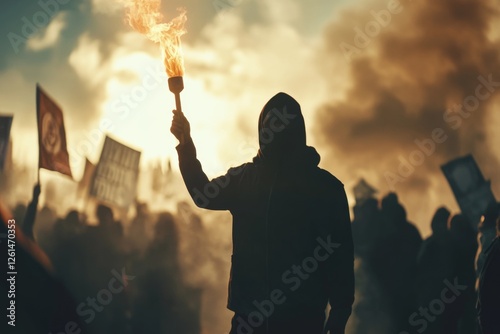 Participants hold torches high in the air during a powerful protest at dusk, creating an impactful and intense atmosphere of solidarity. Generative AI photo