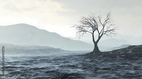 Dead and withered tree stands alone in a barren landscape, its bare branches stretching towards the gray sky, symbolizing decay and desolation. Time-Dilated Landscapes. Illustration