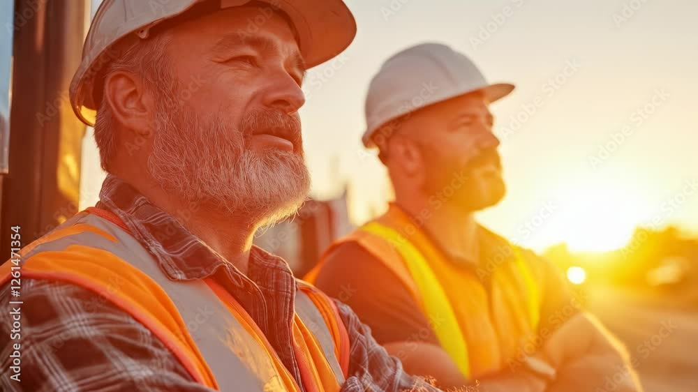 Two Smiling Construction Workers Enjoying a Sunset, Wearing Safety Gear and Reflecting on a Productive Day at the Job Site with Warm Colors in the Background