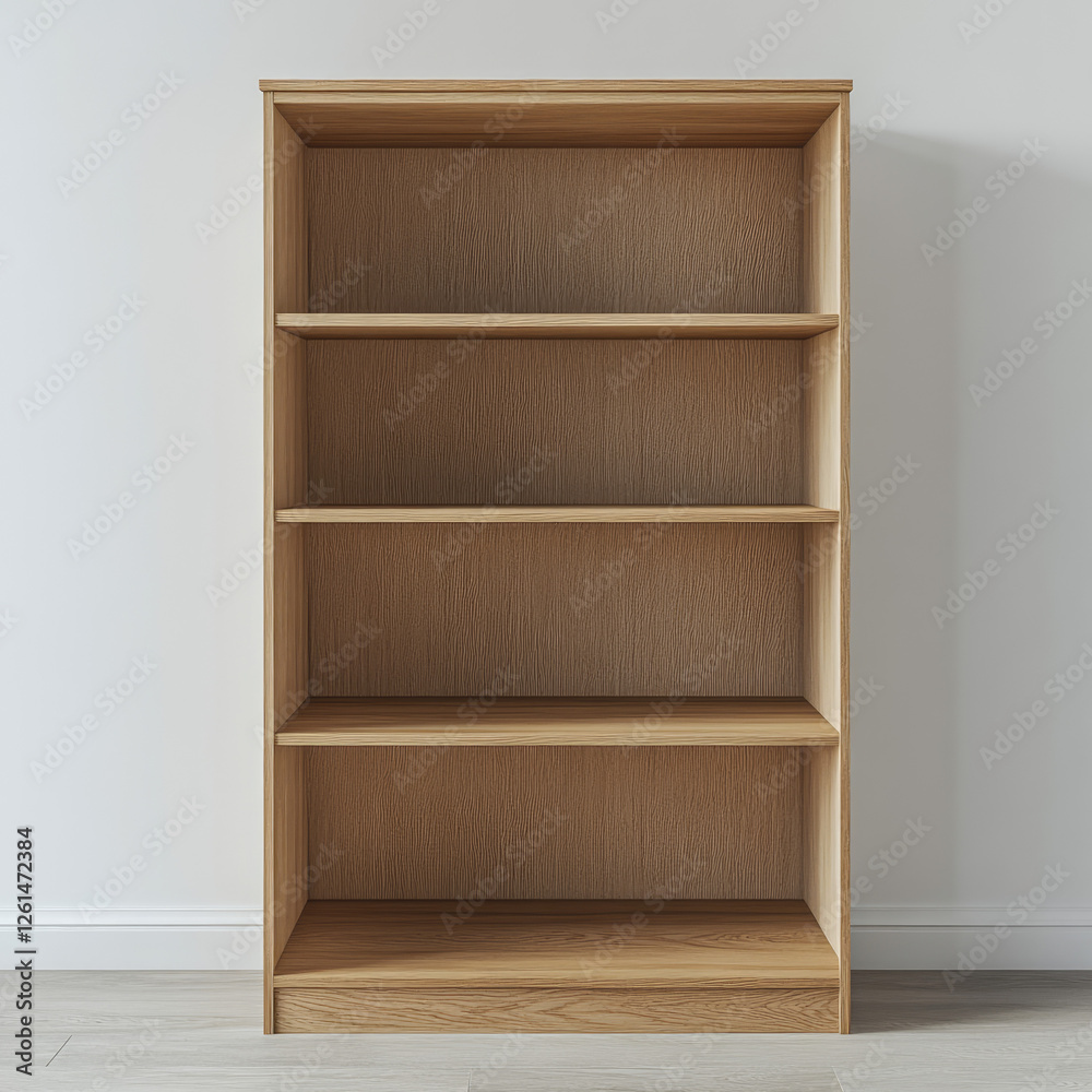 Empty Light Oak Bookshelf Against White Wall Empty Light Oak Bookshelf Against White Wall