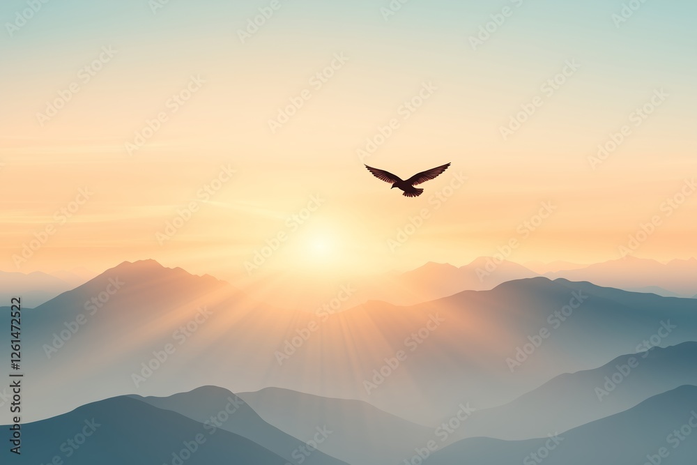 Fototapeta premium A breathtaking scene of a bird soaring high above misty mountain peaks as the golden rays of the sunrise cast a warm glow.
