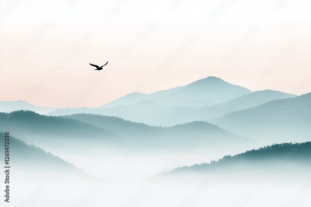 Fototapeta premium A peaceful and minimalistic scene of misty mountains with soft pastel hues blending into the sky.