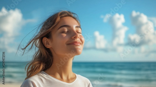 Joyful woman basking in the summer sun, sparkling sea and blue skies as her backdrop.