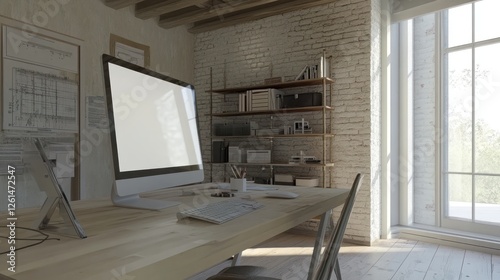 A modern workspace featuring a computer and organized shelves in a bright room.