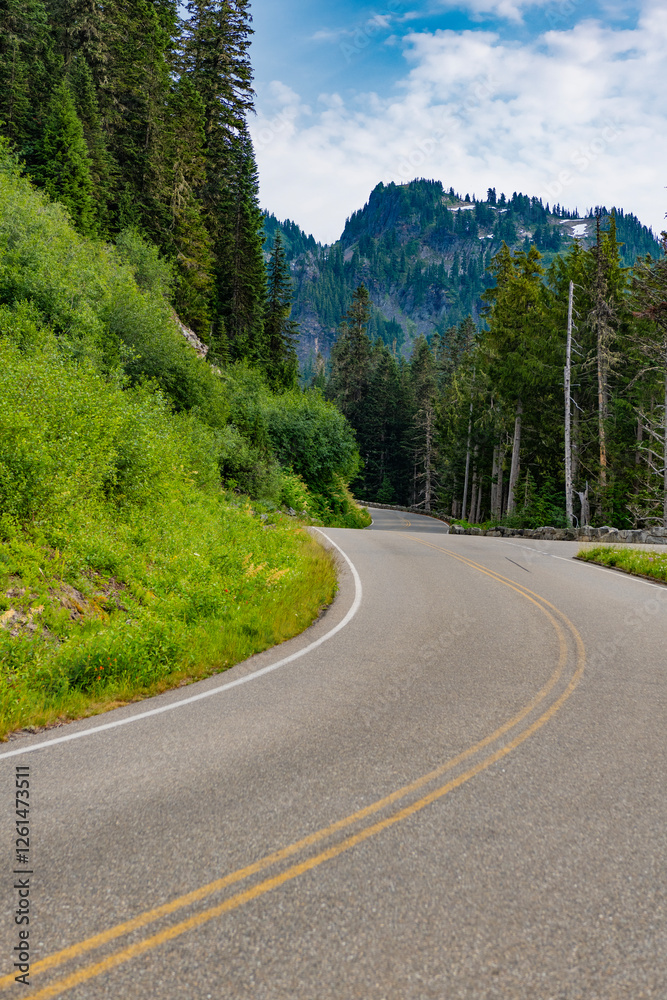 Naklejka premium Landscape route to North Cascades National Park, empty road. North Cascades nation park. Road leads to Diablo lake with mountain landscape. Landscape of mountain and road. Travel destination