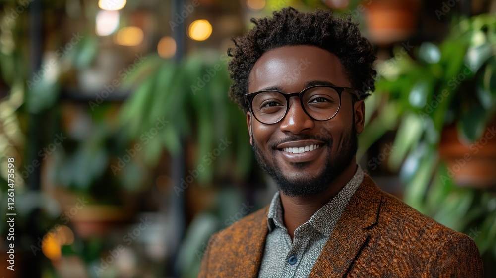 Fototapeta premium Confident Young Man Smiling in a Lush Green Indoor Garden Space