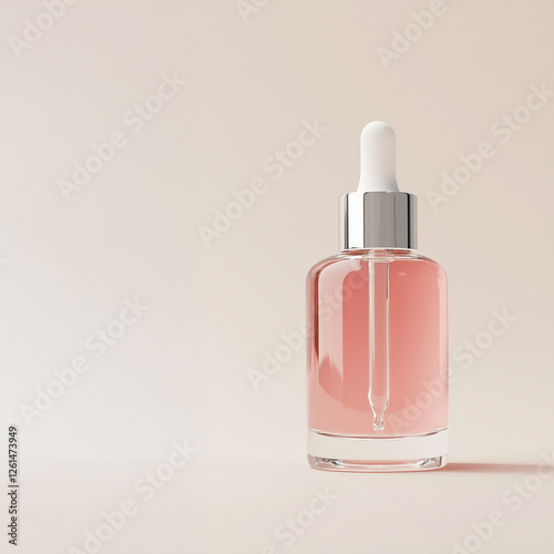 Elegant glass dropper bottle with pink serum and silver cap photographed against soft rose background with reflection