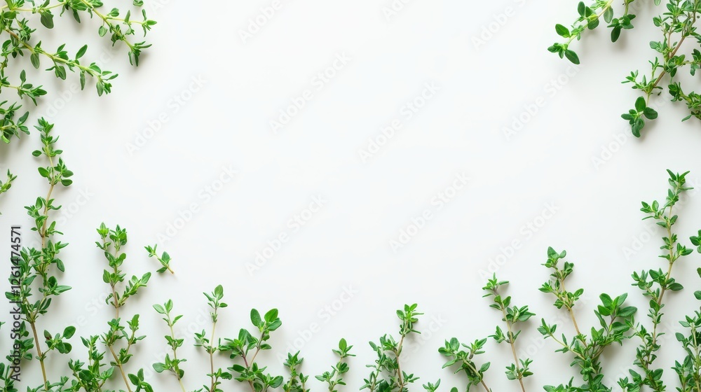 Fresh thyme sprigs frame a white background. Ideal for culinary, herbal, or nature themes, adds a fresh, natural touch to designs. Fresh thyme sprigs frame a white background. Ideal for culinary, herbal, or nature themes, adds a fresh, natural touch to designs.