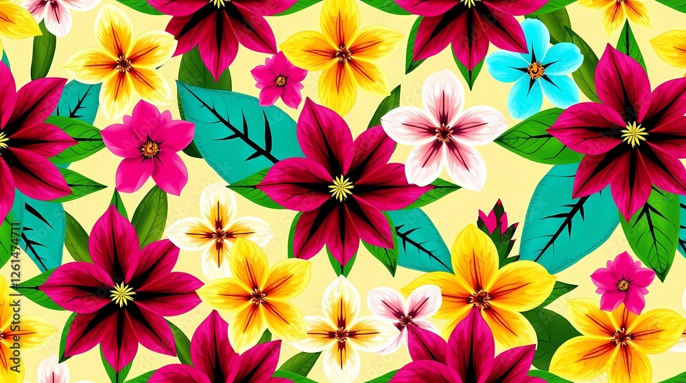 A vibrant seamless pattern featuring a kaleidoscope of tropical flowers in a bold, graphic style, rendered in a digital painting medium with vivid hues of fuchsia, turquoise, and golde.