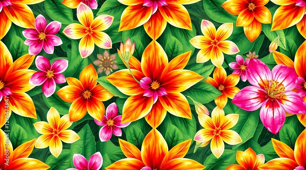 A vibrant seamless pattern featuring a kaleidoscope of tropical flowers in a watercolor style with bold hues of pink, orange, yellow, and green, arranged in a repeating motif, showcasi. A vibrant seamless pattern featuring a kaleidoscope of tropical flowers in a watercolor style with bold hues of pink, orange, yellow, and green, arranged in a repeating motif, showcasi.