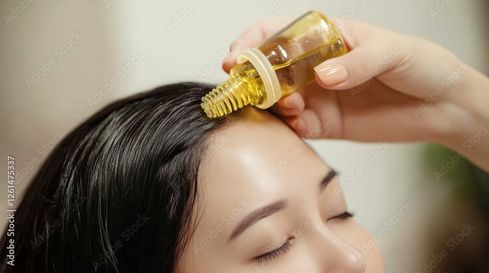 Fototapeta premium Hair oil application in a serene indoor setting during a self-care moment
