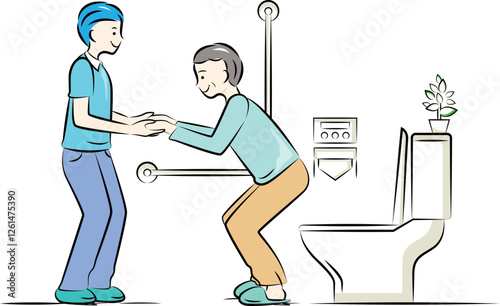 高齢男性のトイレ介助を手伝う介護ヘルパー｜介護看護シリーズ