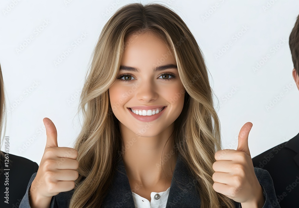 Young Woman Smiles Giving Two Thumbs Up Young Woman Smiles Giving Two Thumbs Up