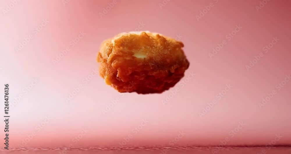 Crispy chicken nuggets floating in the air, representing fast food perfection and the joy of snacking on bite-sized treats.