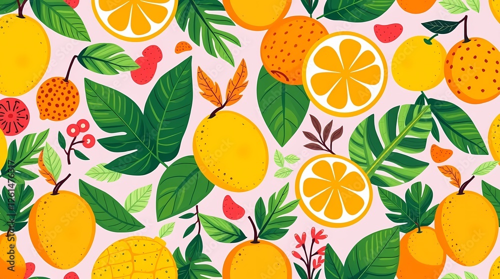 A vibrant seamless pattern showcasing a variety of tropical fruits and leaves in bold, saturated colors including mango yellow, bright orange, and luscious green, rendered in a playful. A vibrant seamless pattern showcasing a variety of tropical fruits and leaves in bold, saturated colors including mango yellow, bright orange, and luscious green, rendered in a playful.
