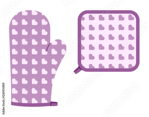 Oven Gloves Mitt and potholder cartoon purple heart pattern Fashion hand accessory clothing technical illustration garment. Vector front palm back view for Men, women, unisex style flat template CAD