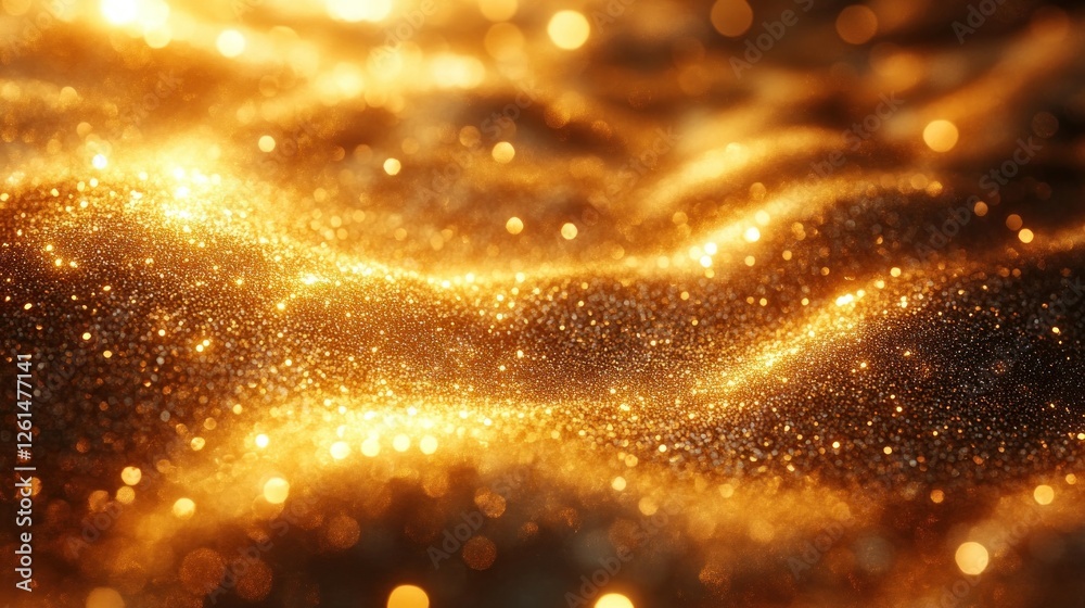 Naklejka premium Golden Glittering Particles on Shimmering Surface with Soft Waves