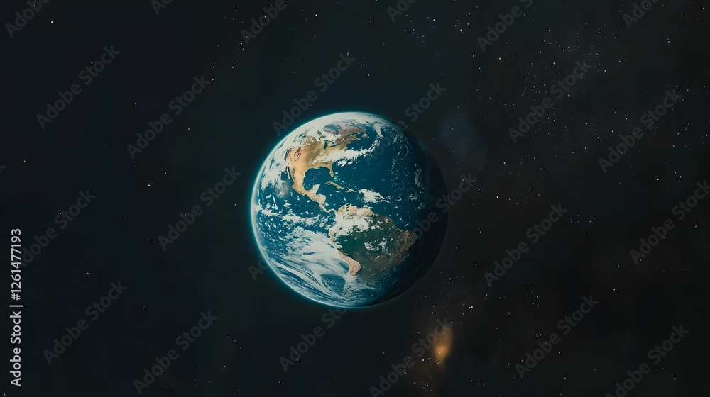 Fototapeta premium Stunning view of Earth from space, showcasing the Americas and swirling clouds against a backdrop of twinkling stars and the dark expanse of space. A beautiful cosmic scene.