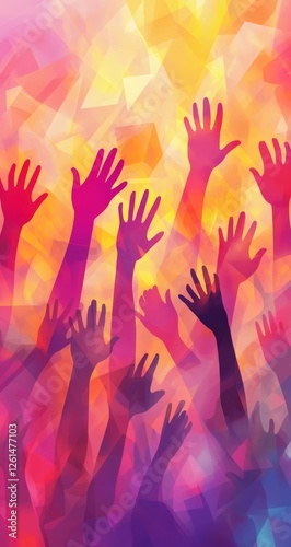 Hands Raised in Celebration, Abstract Geometric Background