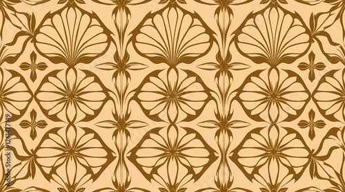 A vintage-style seamless pattern with repeating art deco motifs, rendered in sepia tones, featuring a geometric design, with a symmetrical layout and a balanced composition.
