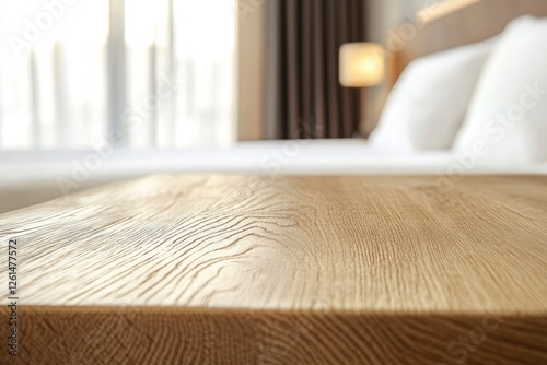 Wallpaper Mural Empty wooden bedside table in a hotel room with a blurred background Torontodigital.ca