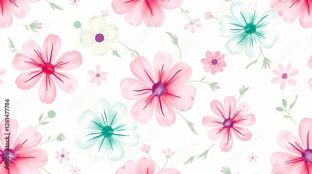 A whimsical seamless pattern of hand-drawn watercolor flowers in soft pastel colors pink, lavender and mint green on a creamy white background. The style is loose and painterly, with . A whimsical seamless pattern of hand-drawn watercolor flowers in soft pastel colors pink, lavender and mint green on a creamy white background. The style is loose and painterly, with .