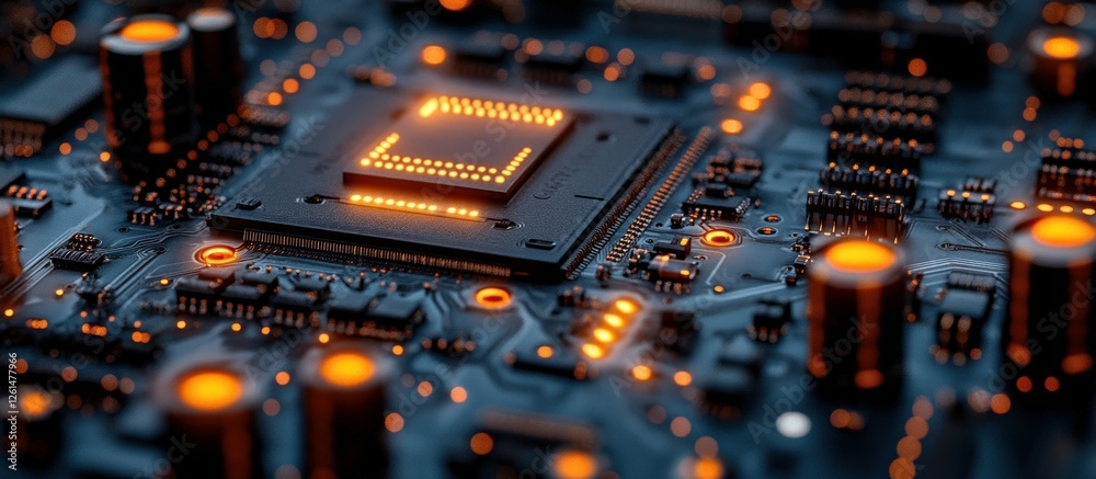 Close-Up View of Modern Circuit Board with Microchip and Glowing Electronic Components Close-Up View of Modern Circuit Board with Microchip and Glowing Electronic Components